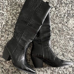 Black Croc-Embossed Knee-High Boots